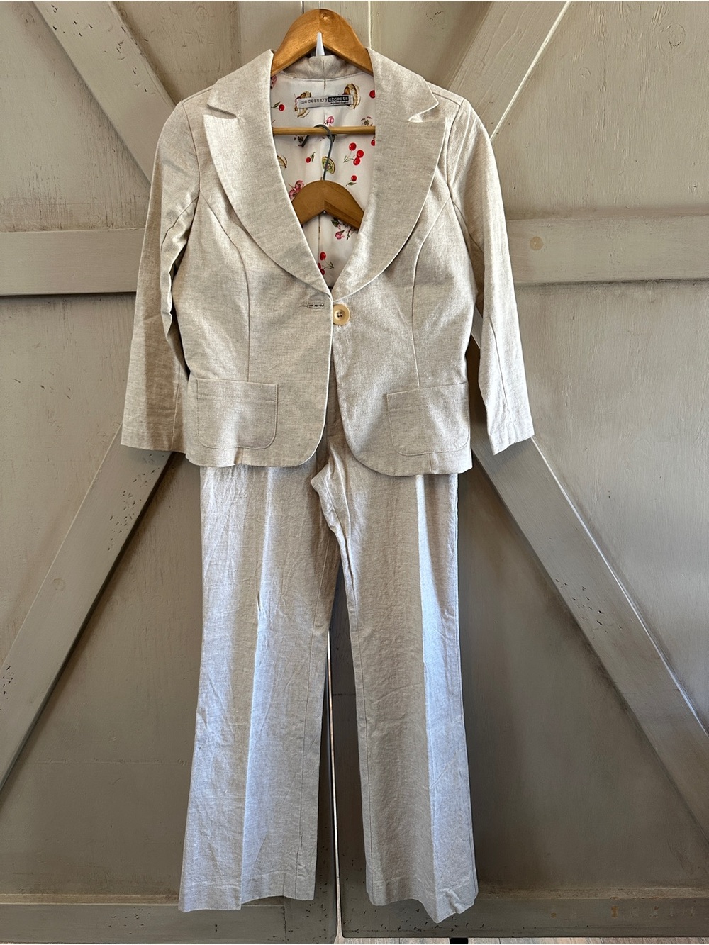 Necessary Objects Linen Blend Pant Suit Size M/6 Beige Oatmeal Blazer Trousers